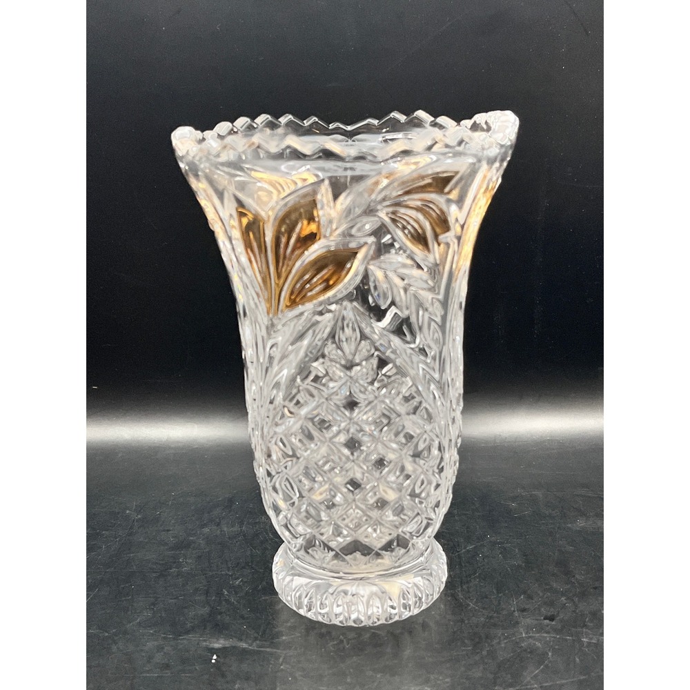 Vtg Anna Hütte Lead Crystal Vase Gold Leaf Etched Cut Glass Germany Bleikristall